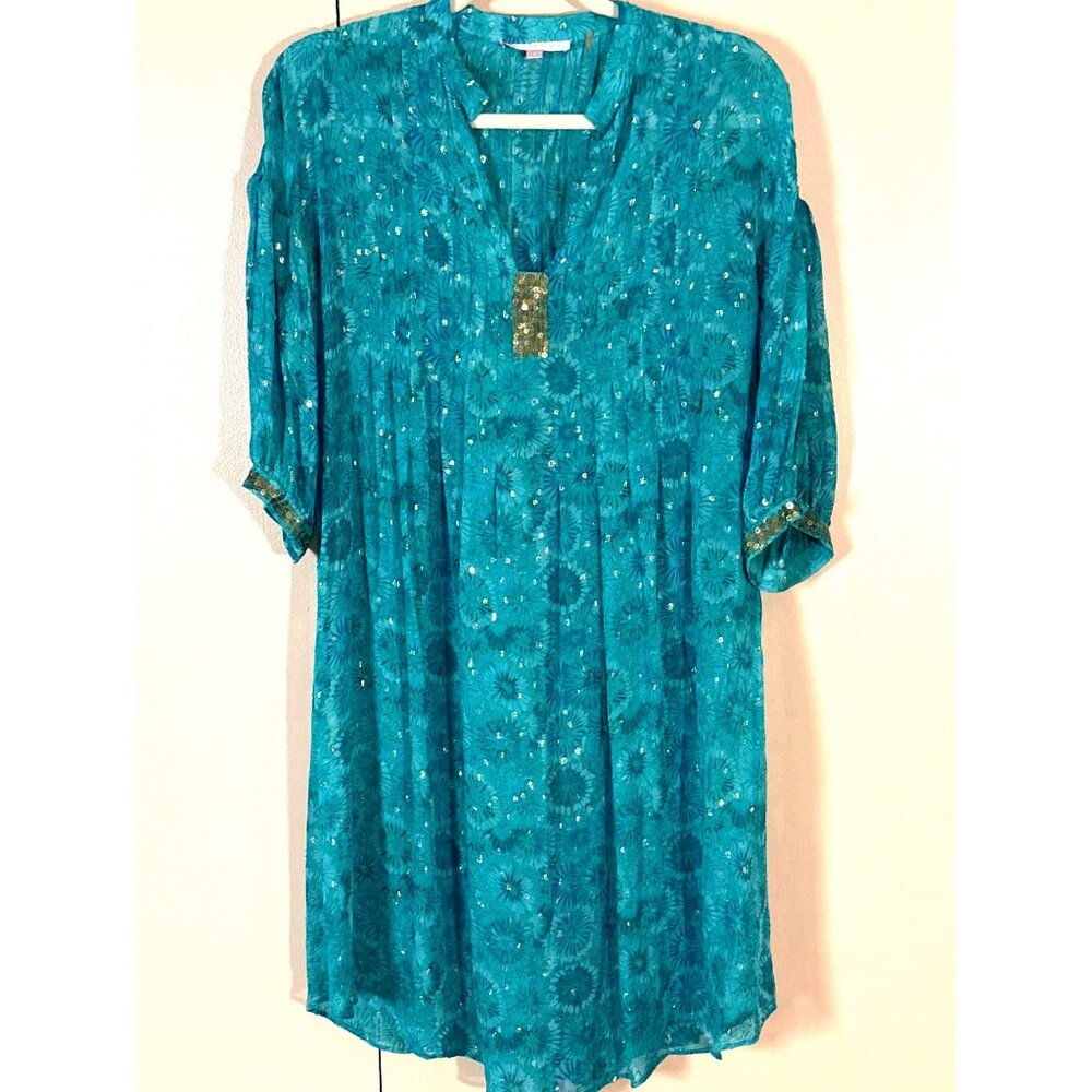 Boho Coastal Rebecca Taylor Blue Dress Sheer Size 2 Shift Beach Cover Sequins